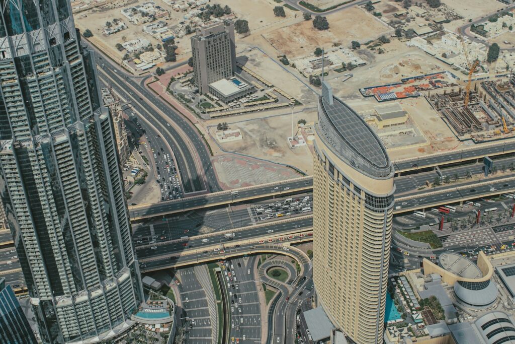 Aerial view of downtown Dubai and the financial centre, where businesses compete for customers