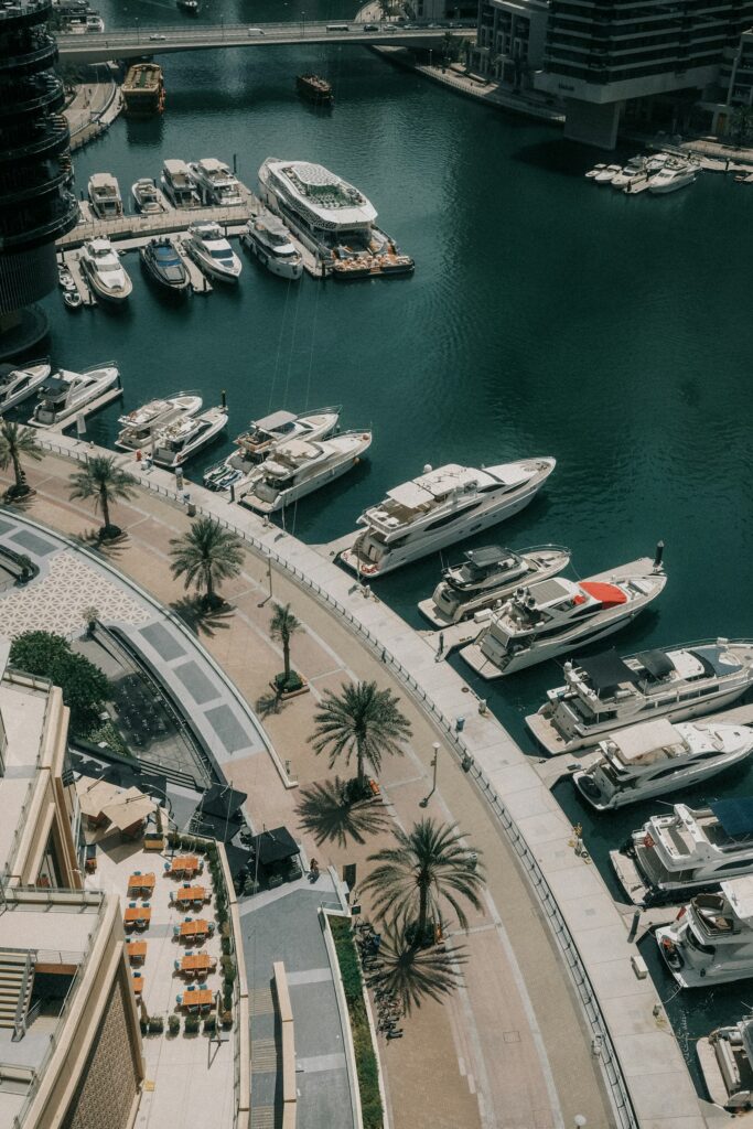 Dubai Marina residential towers and yachts