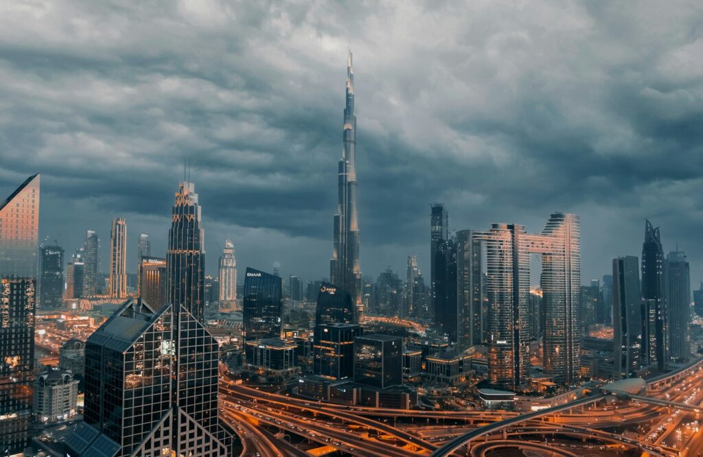 Downtown Dubai skyline in the evening